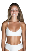 Smiling woman in white sportswear on transparent background, active and fit look png