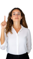 Woman pointing up while wearing white shirt on transparent background, thoughtful and focused look png