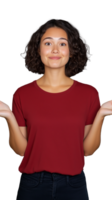 Woman in red shrugging on transparent background, casual and uncertain look png