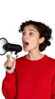 Woman using megaphone on transparent background, assertive and confident look png