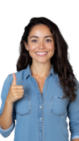 Smiling woman giving a thumbs up on transparent background, casual and confident look png