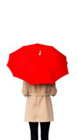Woman in trench coat with red umbrella on transparent background, back view, autumn fashion png