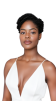 Confident woman in white dress on transparent background, elegant and stylish look png