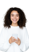 Smiling woman holding smartphone in white sweater on transparent background, casual and cheerful look png