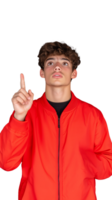 Boy in red jacket looking up with thoughtful expression on transparent background png