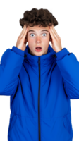 Surprised boy in blue jacket with shocked expression on transparent background png