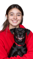 Smiling girl with her black dog wearing red hoodie on transparent background png