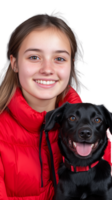 Smiling girl in red puffer jacket with her black dog on transparent background png