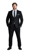 Confident man in black suit standing with hands in pockets on transparent background png