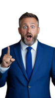 Surprised man in blue suit pointing up with raised eyebrows on transparent background png