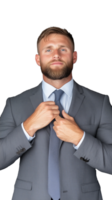 Confident businessman adjusting tie in gray suit on transparent background, preparing for meeting png