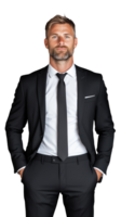 Businessman in black suit with open jacket, hands in pockets on transparent background png