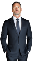 Confident businessman in black suit with hands in pockets on transparent background png