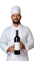 Smiling chef in white uniform holding wine bottle on transparent background png