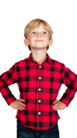 Smiling boy in red checkered shirt standing confidently with hands on hips on transparent background png