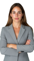 Businesswoman in gray suit with arms crossed, confident expression on transparent background png