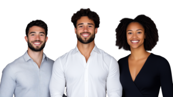 Group of three diverse young people smiling, standing side by side on transparent background png
