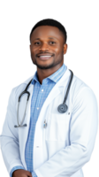 Confident male doctor with stethoscope, smiling in medical uniform on transparent background png
