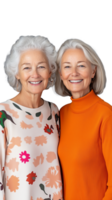 Two elderly women smiling, wearing colorful sweaters and standing side by side on transparent background png