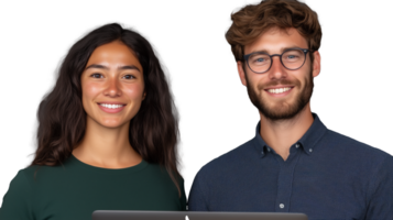 Smiling young couple with laptop, standing side by side on transparent background png