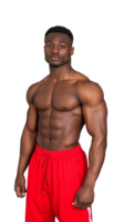 Muscular man in red shorts posing confidently on transparent background png