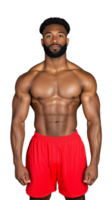 Strong muscular man in red shorts standing confidently on transparent background png