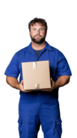 Man in blue uniform holding cardboard box, confident expression on transparent background png