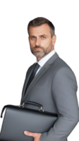 Confident businessman in gray suit holding briefcase, looking serious on transparent background png