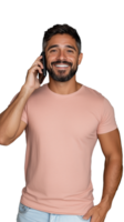 Happy man holding phone, smiling and talking casually on transparent background png