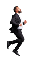 Man in black suit jumping forward with serious expression on transparent background png