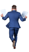 Businessman in blue suit running with papers in hand on transparent background png