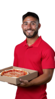 Smiling man in red shirt holding pizza box on transparent background png