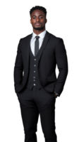 Confident young man in black suit posing with hands in pockets on transparent background png