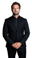 Man in black suit standing confidently with hands clasped on transparent background png