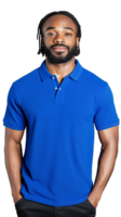 Confident man in blue polo shirt standing casually on transparent background png