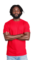 Confident man in red t-shirt crossing arms and standing on transparent background png