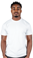 Young man in white t-shirt standing confidently with serious expression on transparent background png