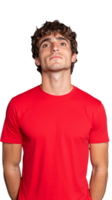 Serious man in red t-shirt standing with thoughtful expression on transparent background png