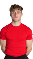 Young man in red t-shirt standing confidently with serious expression on transparent background png
