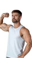 Muscular man flexing bicep in white tank top on transparent background png