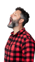 Bearded man in red checkered shirt yawning with mouth wide open on transparent background png