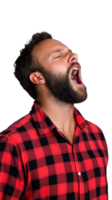 Man yawning in red checkered shirt with mouth wide open on transparent background png