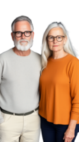 Smiling elderly couple standing together, both wearing glasses on transparent background png
