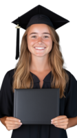 Smiling graduate in cap and gown holding diploma on transparent background png