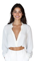 Smiling woman in white blouse and trousers on transparent background png