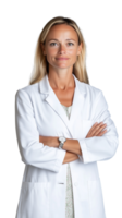 Smiling female doctor in white coat with arms crossed on transparent background png