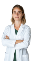Confident female doctor in white coat with arms crossed on transparent background png
