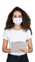 Serious young woman wearing face mask and holding clipboard on transparent background png