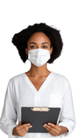 Confident young woman wearing face mask and holding clipboard on transparent background png