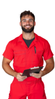 Smiling man in red uniform holding clipboard on transparent background png